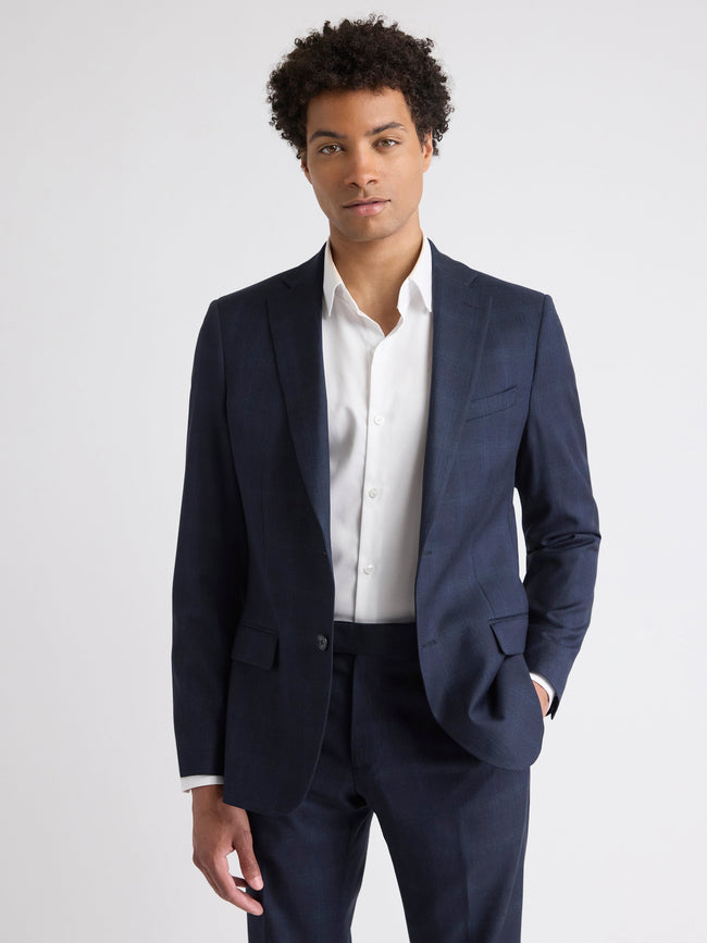 Slim-Fit Navy Checkered Suit Blazer