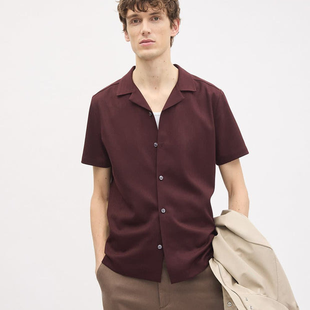 Short-Sleeve Herringbone Shirt with Camp Collar
