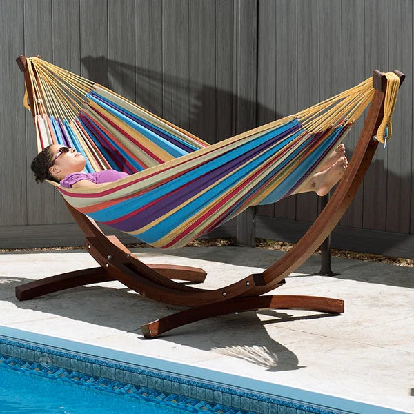 Vivere Double Cotton Hammock with Solid Pine Arc Stand
