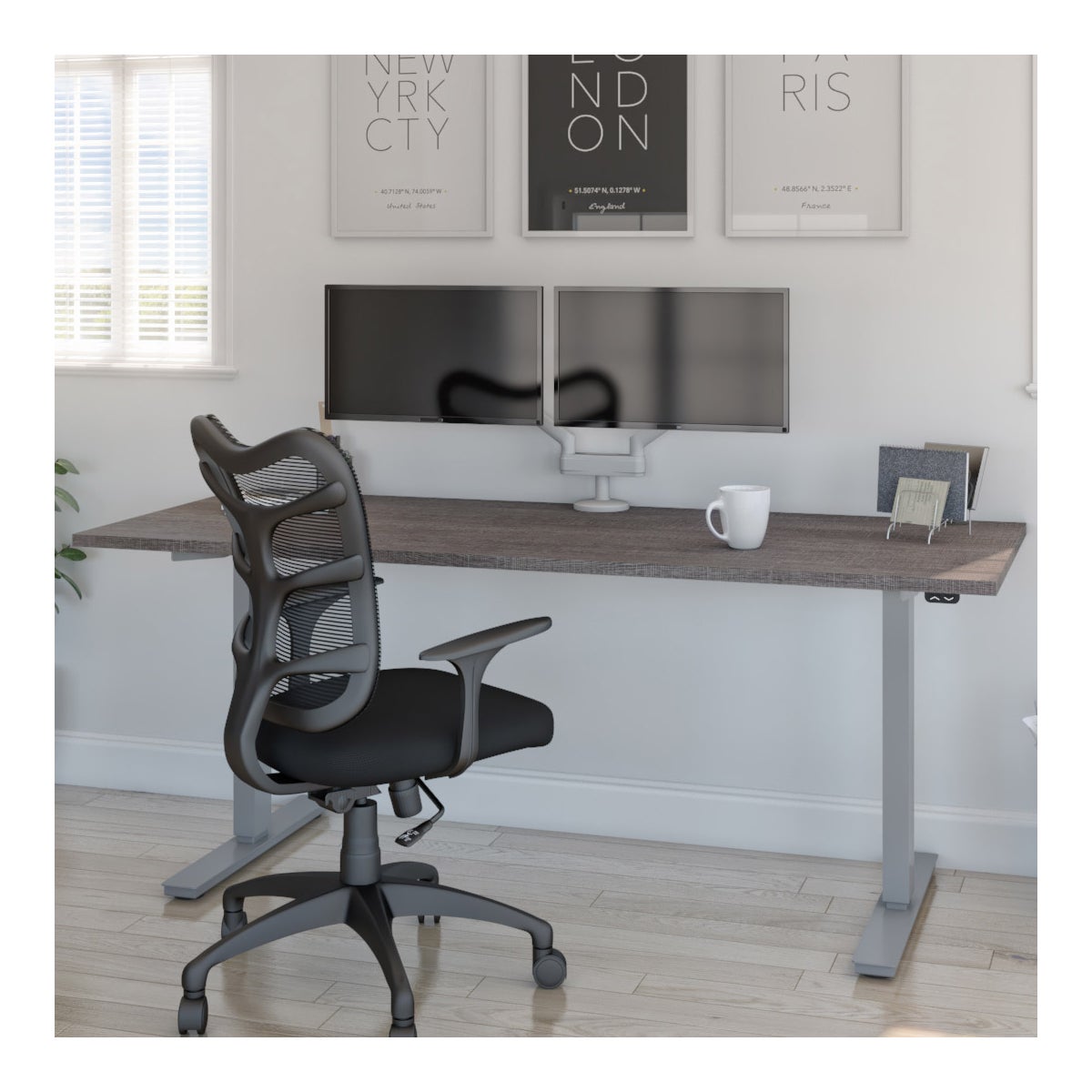 Bestar Upstand 76.2 cm x 182.9 cm (30 in. x 72 in.) Height Adjustable Desk with Dual Monitor Arm