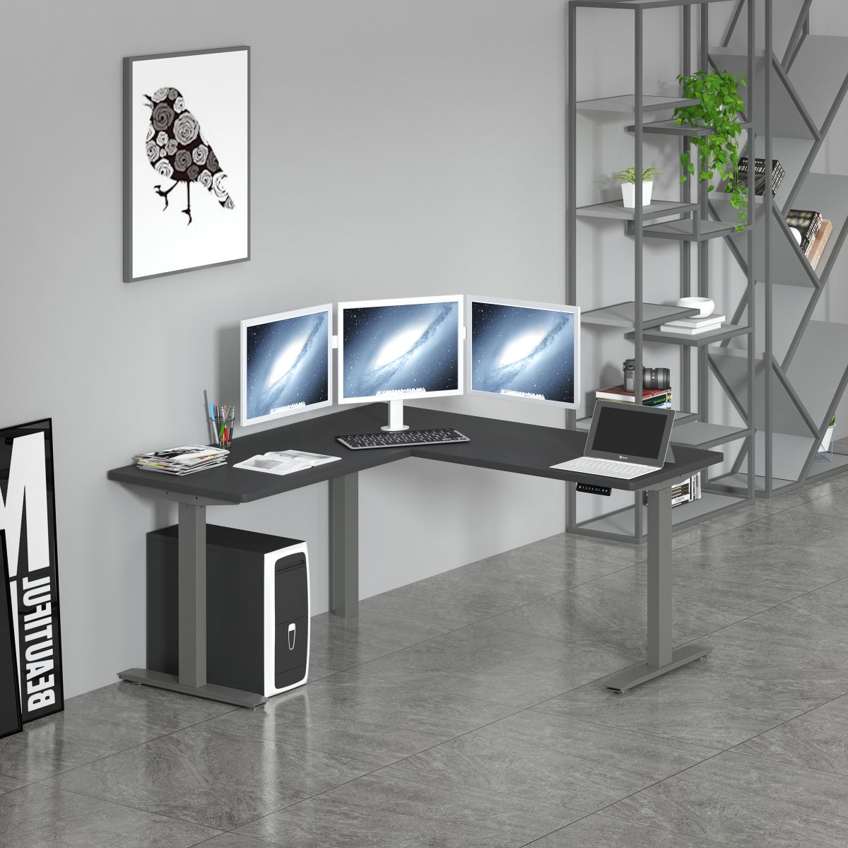 Motionwise L-shape Height Adjustable Desk with 3 Table Columns