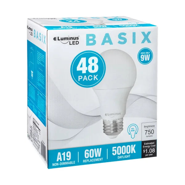 Luminus Basix A19 9 W 750 Lumens LED Light Bulb, Pack of 48