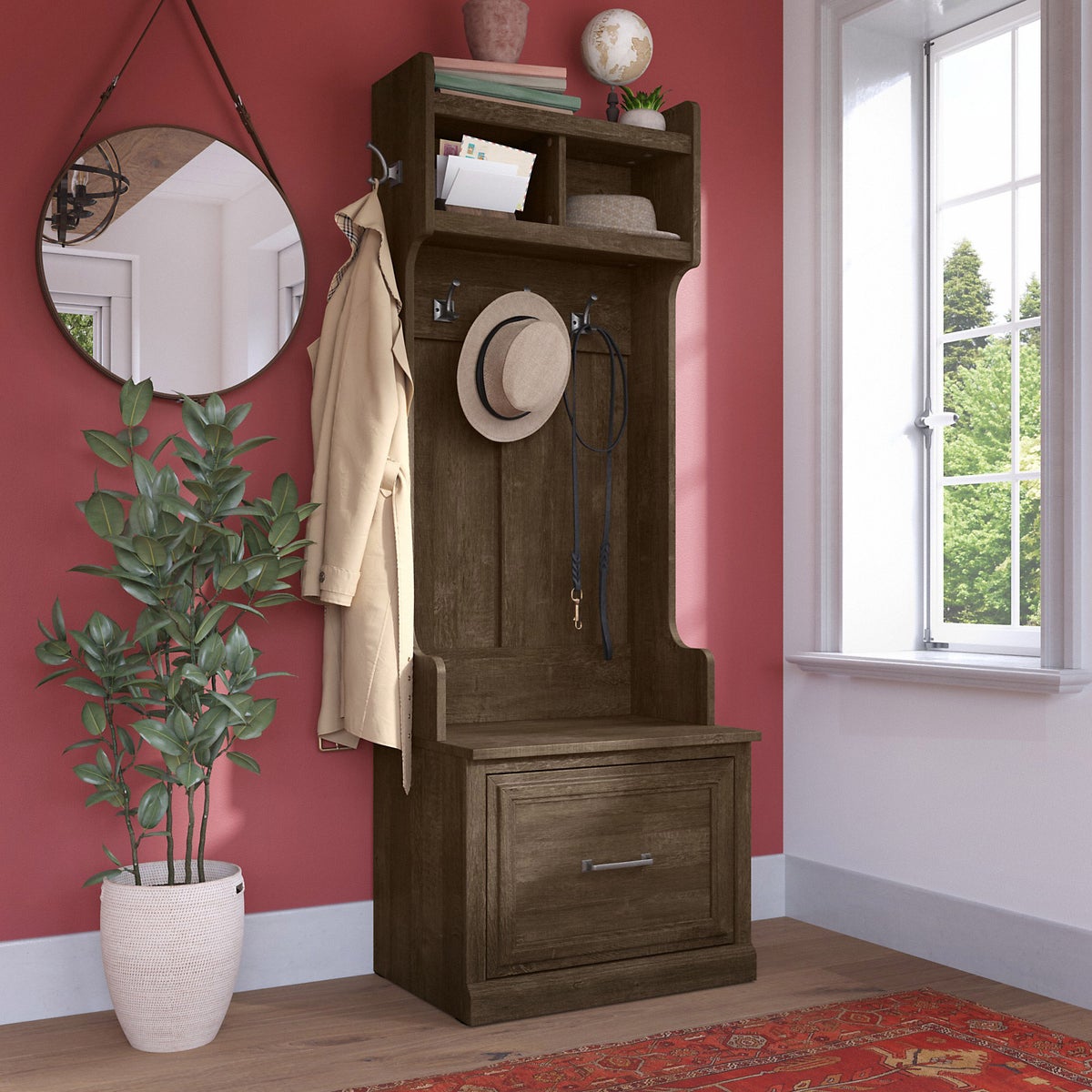 Bush Woodland Hall Tree and Shoe Bench with Drawer
