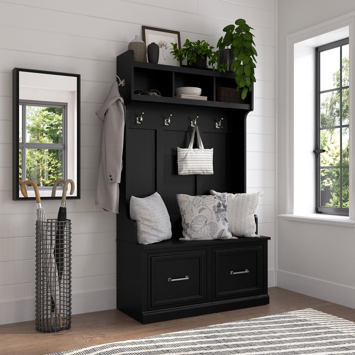 Bush Woodland Hall Tree and Shoe Storage Bench with Doors