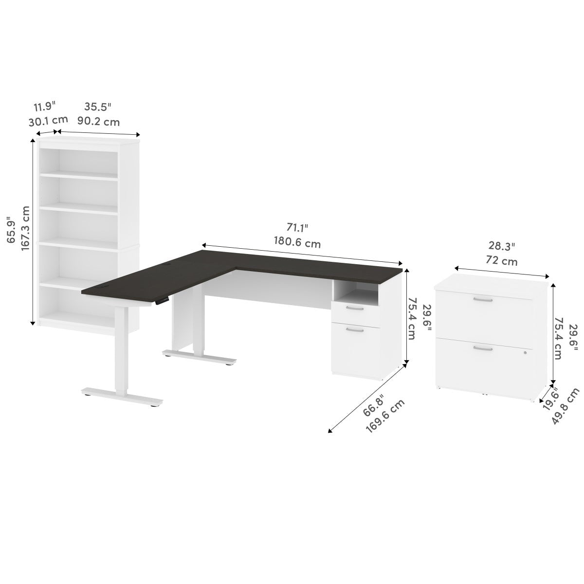 Bestar Upstand 4-piece L-shaped Workstation with Height Adjustable Desk