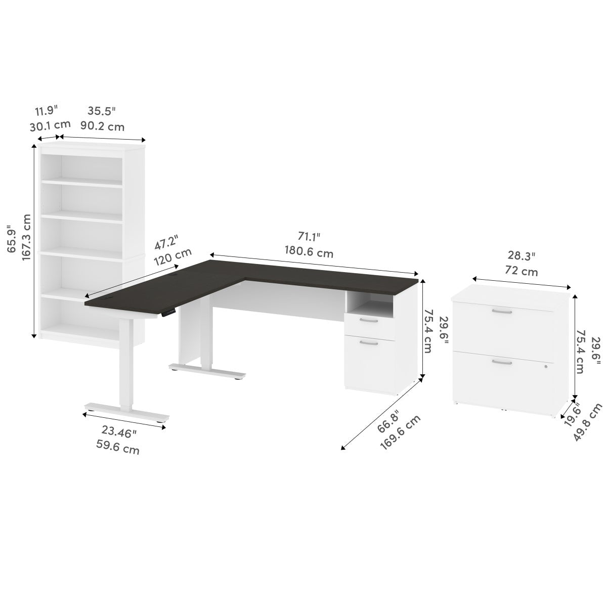 Bestar Upstand 4-piece L-shaped Workstation with Height Adjustable Desk
