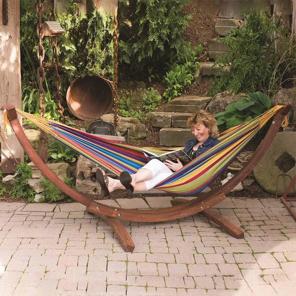 Vivere Double Cotton Hammock with Solid Pine Arc Stand