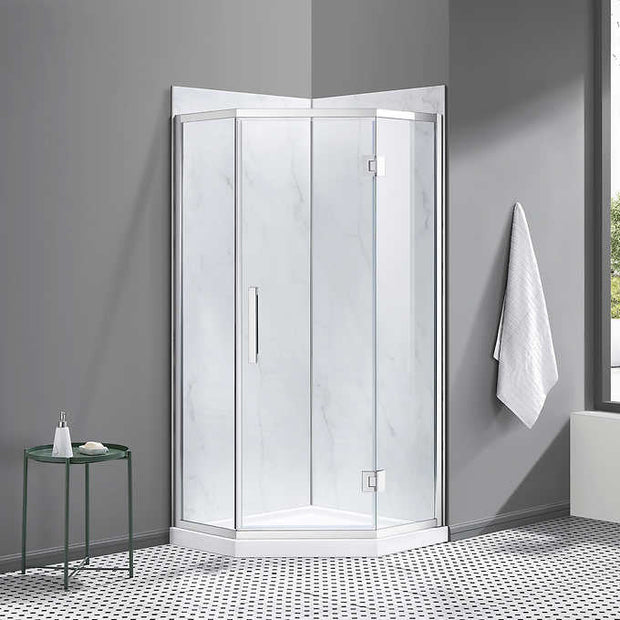 OVE Nicole Lux Neo-Angle Corner Shower Kit with Carrara Wall Finish