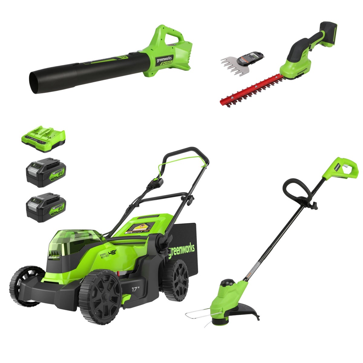 Greenworks 24V 4-piece Combo – 17” Mower, 12” Trimmer, 320 CFM Blower, Shrubber Shear, (2) 4.0Ah Batteries & Dual-Port Charger