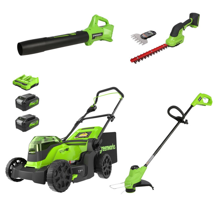 Greenworks 24V 4-piece Combo – 17” Mower, 12” Trimmer, 320 CFM Blower, Shrubber Shear, (2) 4.0Ah Batteries & Dual-Port Charger