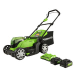 Greenworks 24V 4-piece Combo – 17” Mower, 12” Trimmer, 320 CFM Blower, Shrubber Shear, (2) 4.0Ah Batteries & Dual-Port Charger