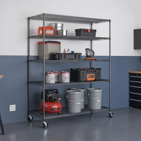 TRINITY Outdoor 5-Tier Black Anthracite Wire Shelving Rack With Wheels, 60" x 24" x 72"