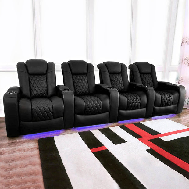 Pavillion II 4-piece Top Grain Leather Power Reclining Home Theatre Seating, Black