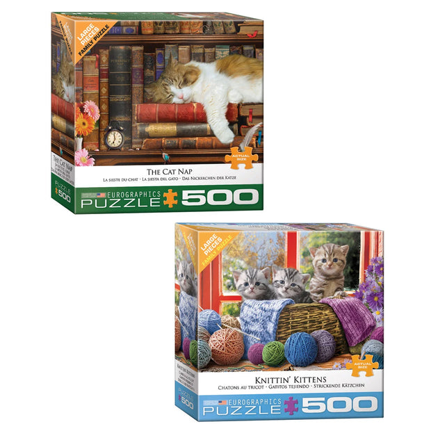 Eurographics 2-pack Puzzle Set- Knittin’ Kittens and Cat Nap Oversize 500-pieces