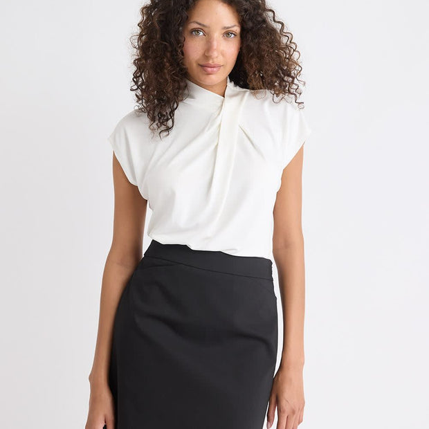 Extended-Sleeve Top with Crossover Draped Mock Neckline