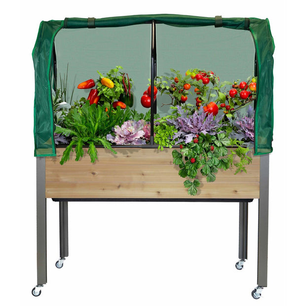 Self-Watering Elevated Cedar Planter With Greenhouse and Bug cover