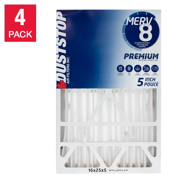 Duststop 16x25x5 MERV 8 Premium Pleated Furnace Filter, 4-pack