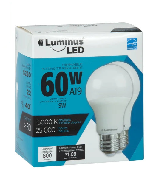 Luminus LED A19 Dimmable  Omni Bulb 60W 800 lumens 5000K, 12 pack