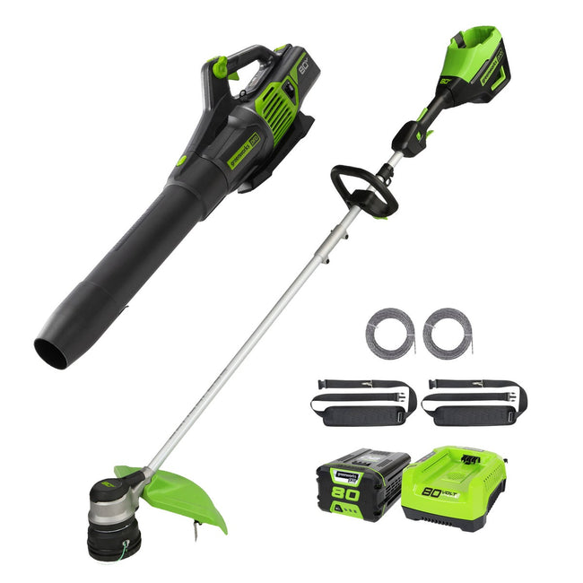 Greenworks 80V Combo Kit: Brushless Blower + 16" String Trimmer, 2Ah Battery and Charger Included