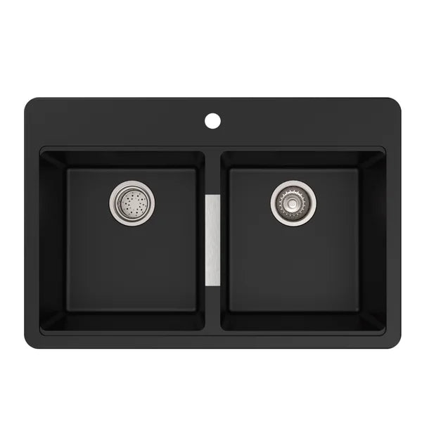 Kraus 33 in. Dual Mount Double Bowl Black Granite Kitchen Sink