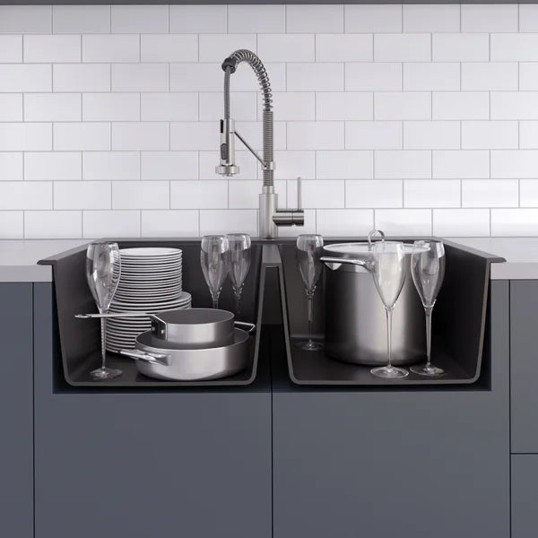 Kraus 33 in. Dual Mount Double Bowl Black Granite Kitchen Sink