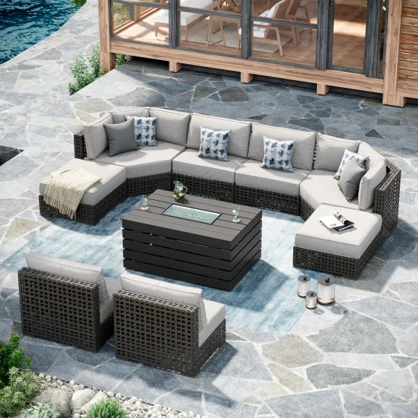 Oceanside 9-piece Patio Sectional Coversation Set with Fire Table