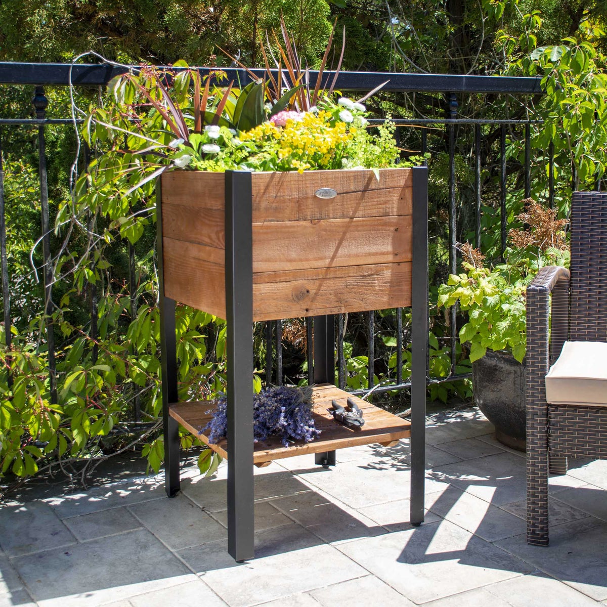 Grapevine Urban Garden Tall Recycled Wood and Metal Planter with Shelf