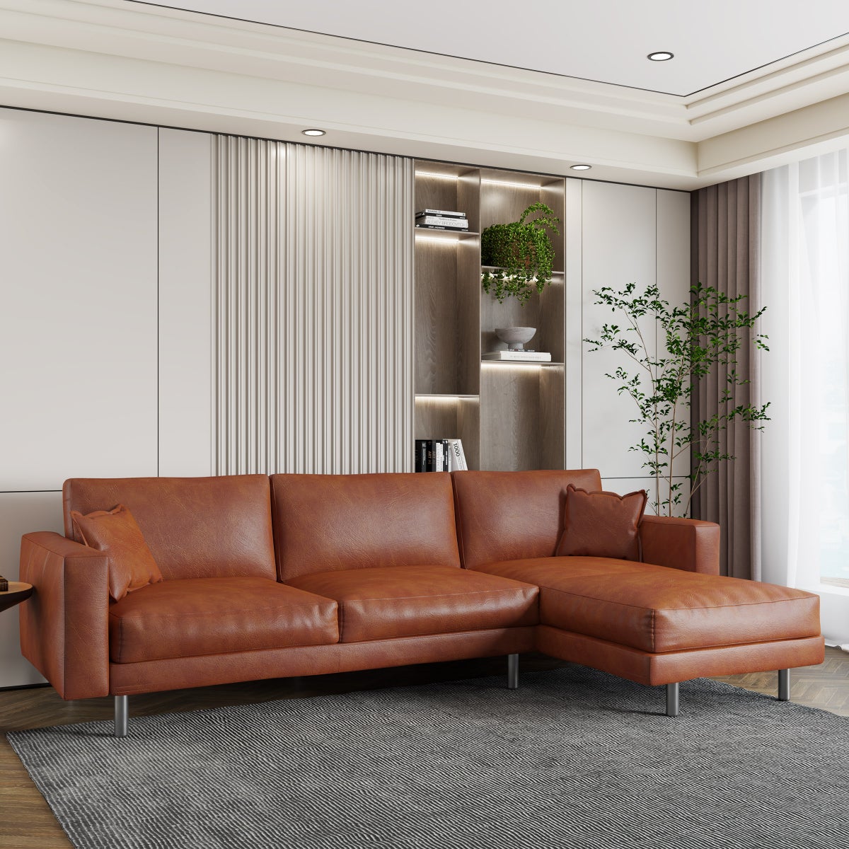 Jude Tan 2-piece Top-grain Leather Sofa with Right-hand Facing Chaise, Cognac