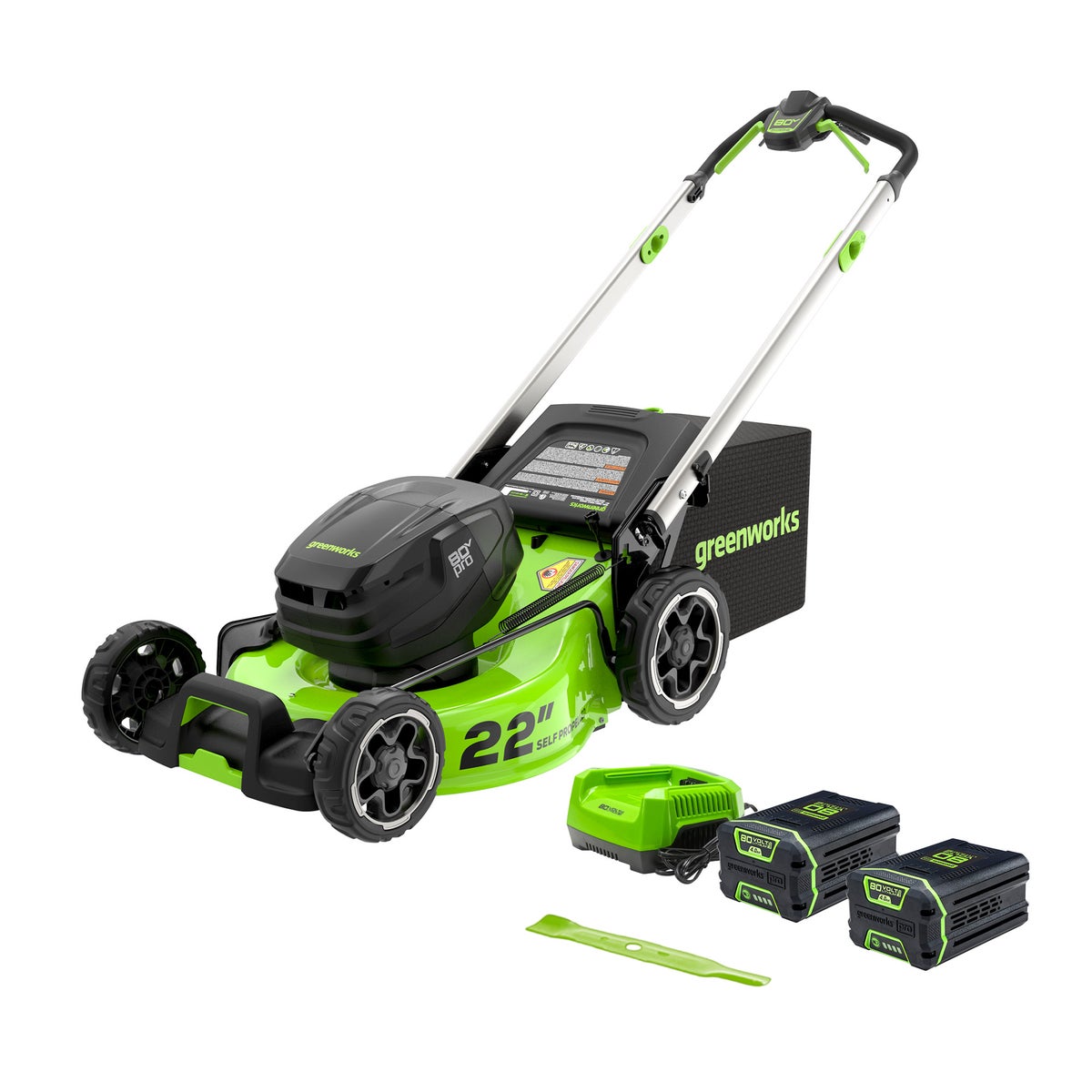 Greenworks 80V 22" Dual Blade Self-Propelled Lawn Mower, (2) 4Ah Batteries, 4A Charger Included