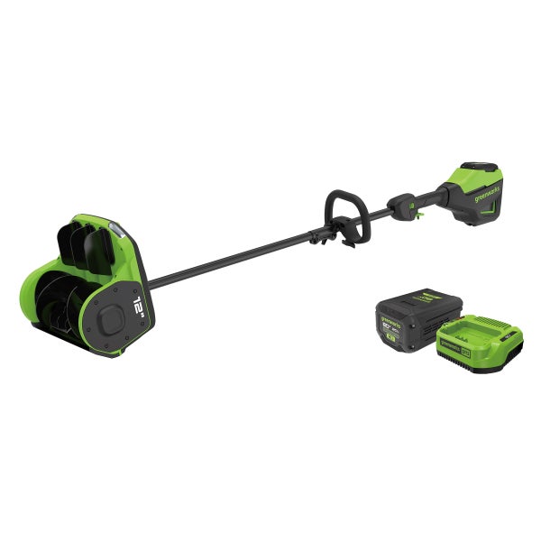 Greenworks 80V 12" Brushless Snow Shovel with Directional Vanes and Mounting Ring Desgin, 2.0Ah Battery, Charger and Shoulder Strap Included
