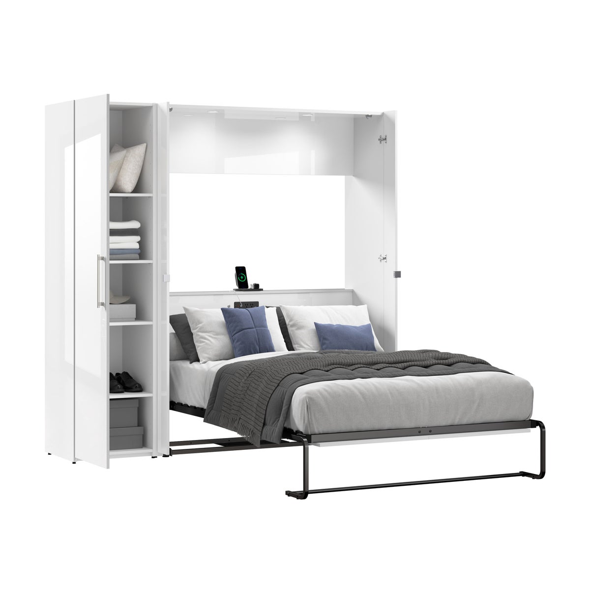 Bestar Avalon 2-piece Double Wall Bed with One Storage Closet, High Gloss White