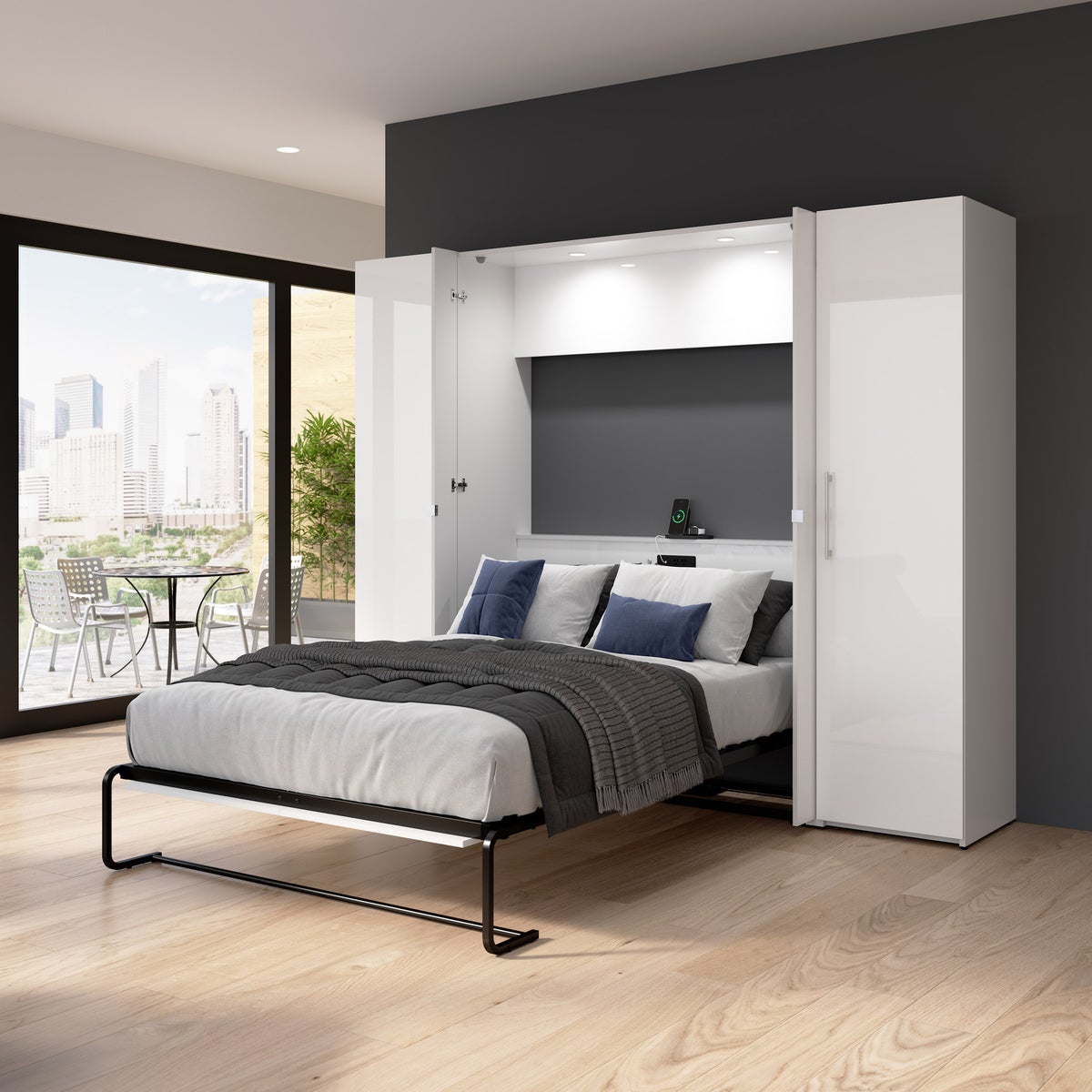 Bestar Avalon Double Wall Bed with 2 Storage Cabinets, White High Gloss finish