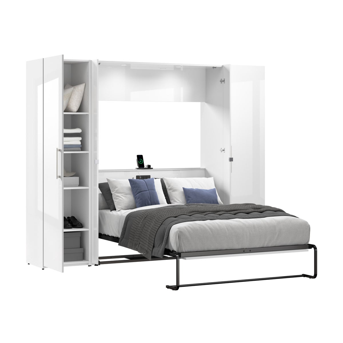 Bestar Avalon Double Wall Bed with 2 Storage Cabinets, White High Gloss finish
