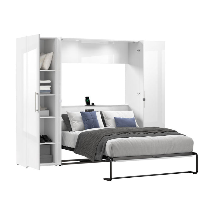 Bestar Avalon Double Wall Bed with 2 Storage Cabinets, White High Gloss finish
