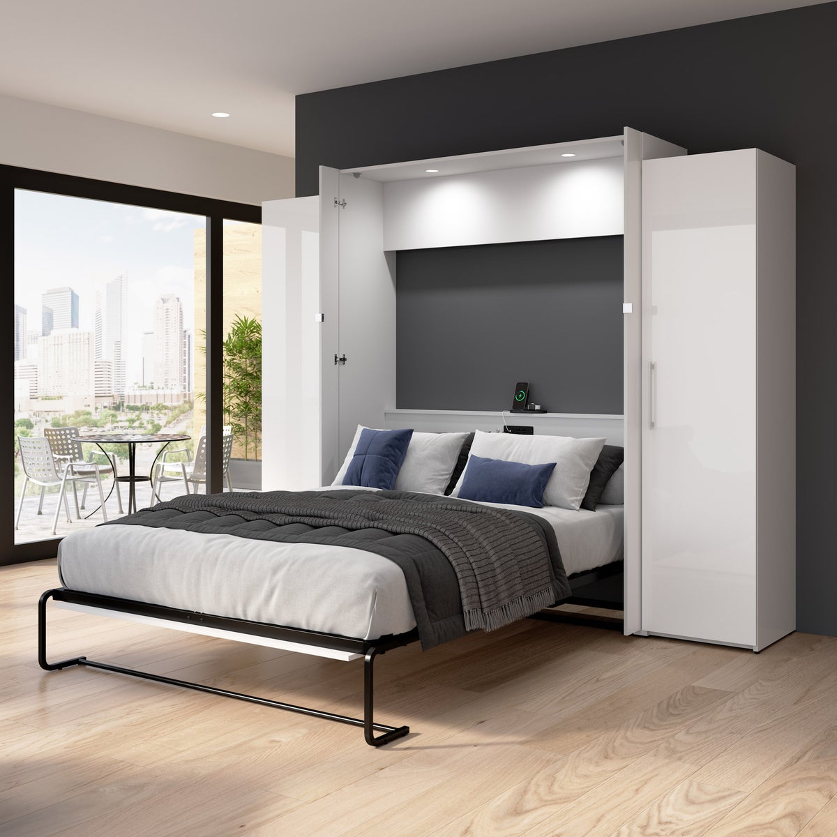 Bestar Avalon Queen Wall Bed with 2 Storage Cabinets, White High Gloss finish