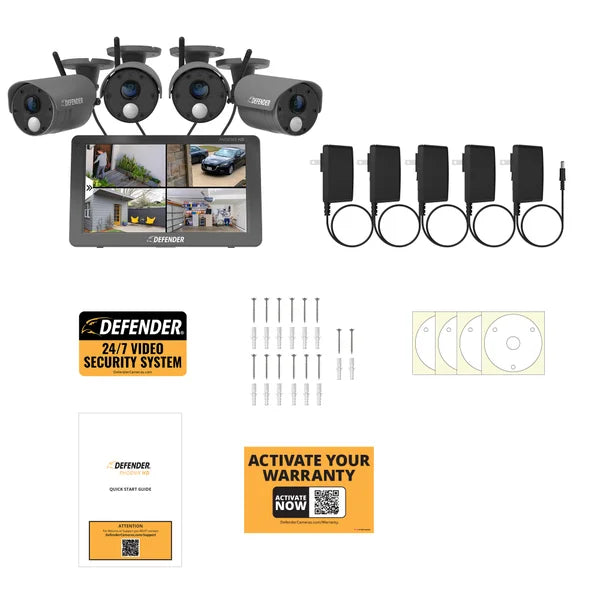 Defender PHOENIXHD Non-WiFi, Plug-in Power Security System with 4 Cameras & 10.1” HD Monitor