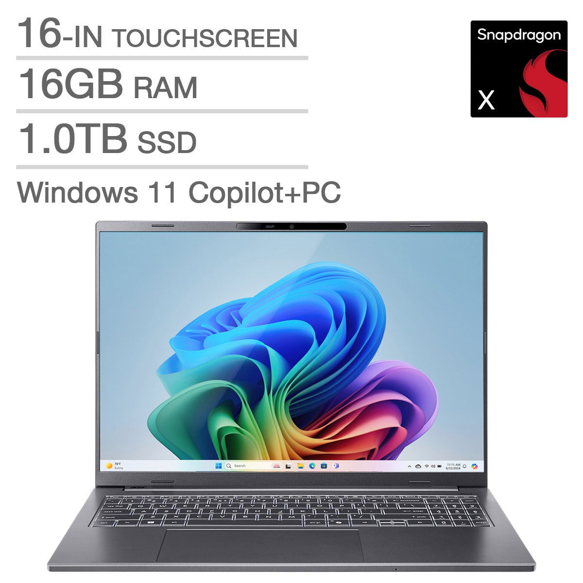 Acer Aspire 16 AI Copilot+ PC. 16-in Touchscreen Laptop, Qualcomm Snapdragon X X1-26-100 – 16GB RAM, 1TB SSD