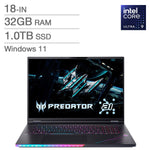 Acer Predator Helios AI 18 Gaming Laptop 18.0-in., Intel Core Ultra 9 275HX, 32GB RAM, 1TB SSD, 16 GB NVIDIA GeForce RTX5080