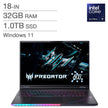 Acer Predator Helios AI 18 Gaming Laptop 18.0-in., Intel Core Ultra 9 275HX, 32GB RAM, 1TB SSD, 16 GB NVIDIA GeForce RTX5080