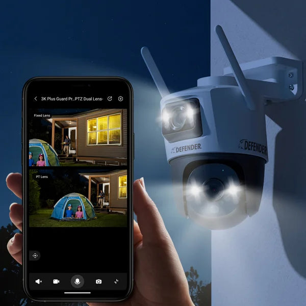 Defender AI POWERED Guard Pro 3K PLUS Dual Lens PTZ Wi-Fi Plug-in Security Cameras, 2 Pack