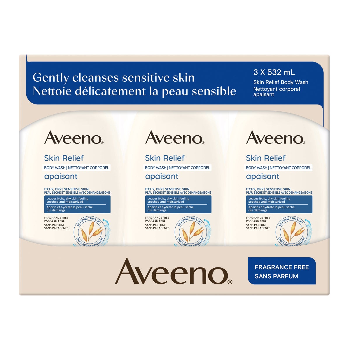 Aveeno Skin Relief Body Wash Fragrance Free, 3 x 532 mL