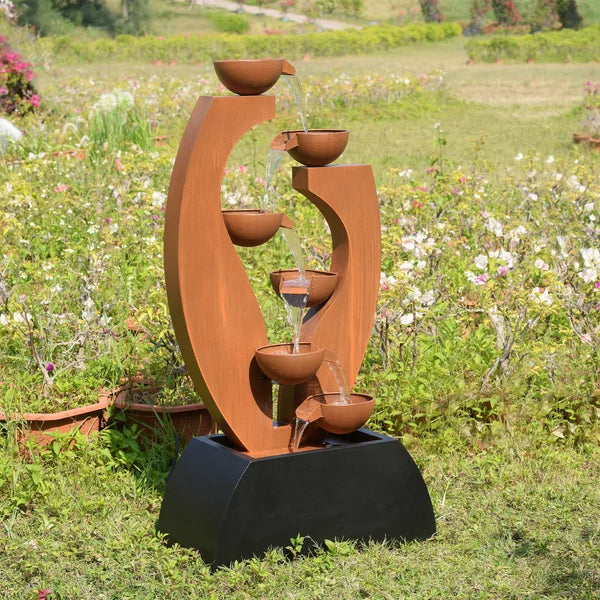 Outdoor Metal Cups Fountain with Rusty Top and Black Basin