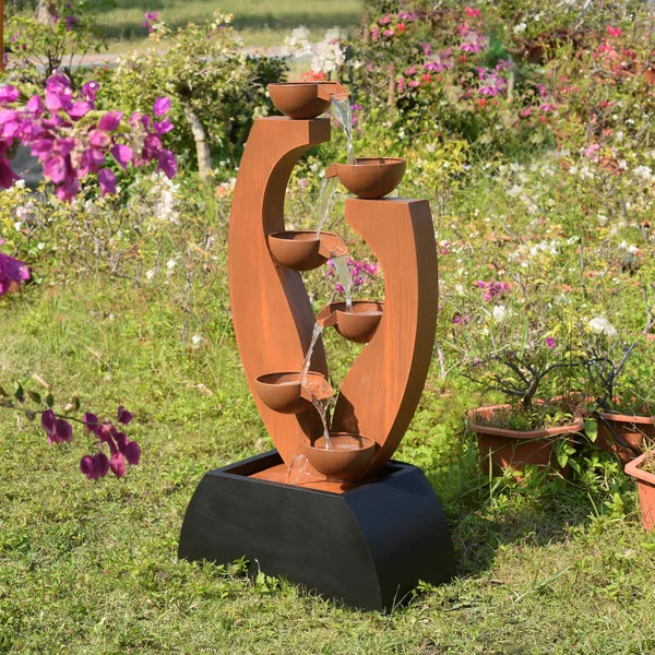 Outdoor Metal Cups Fountain with Rusty Top and Black Basin