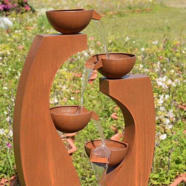 Outdoor Metal Cups Fountain with Rusty Top and Black Basin