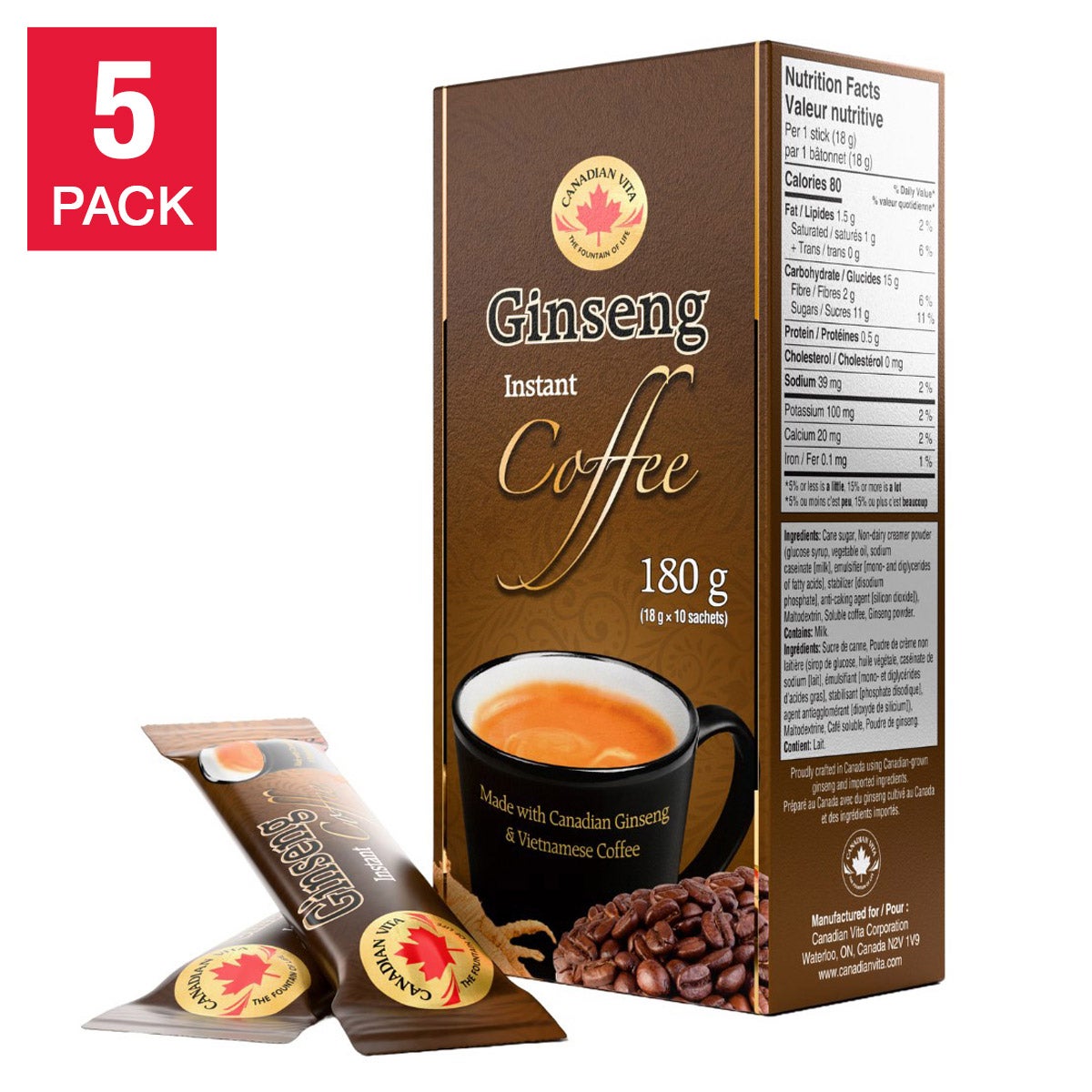 Canadian Vita Instant Ginseng Coffee, 5 boxes, 50 x 18 g