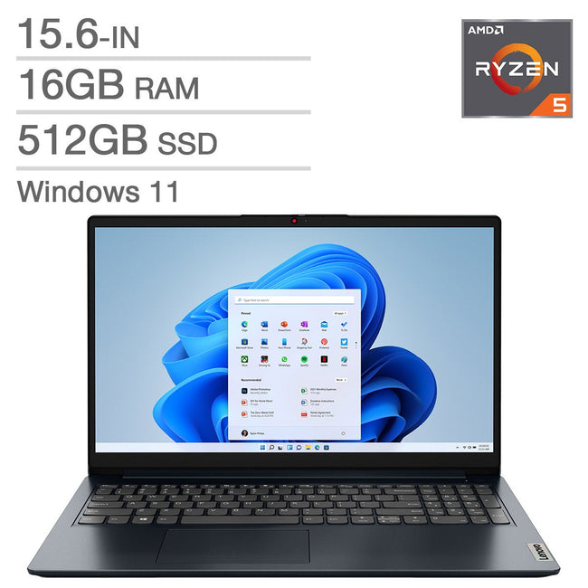 Lenovo Ideapad 1 15.6-in. Laptop, AMD Ryzen 5 7520U - 16GB RAM, 512GB SSD