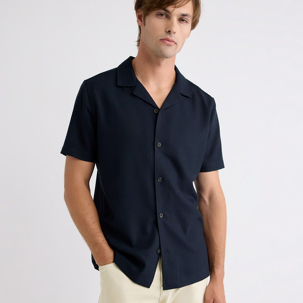 Short-Sleeve Herringbone Shirt with Camp Collar