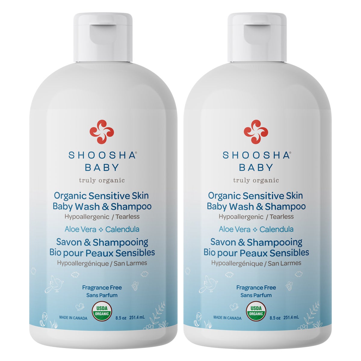 Shoosha Organic Sensitive Skin Baby Wash & Shampoo, 2 x 251.4 mL