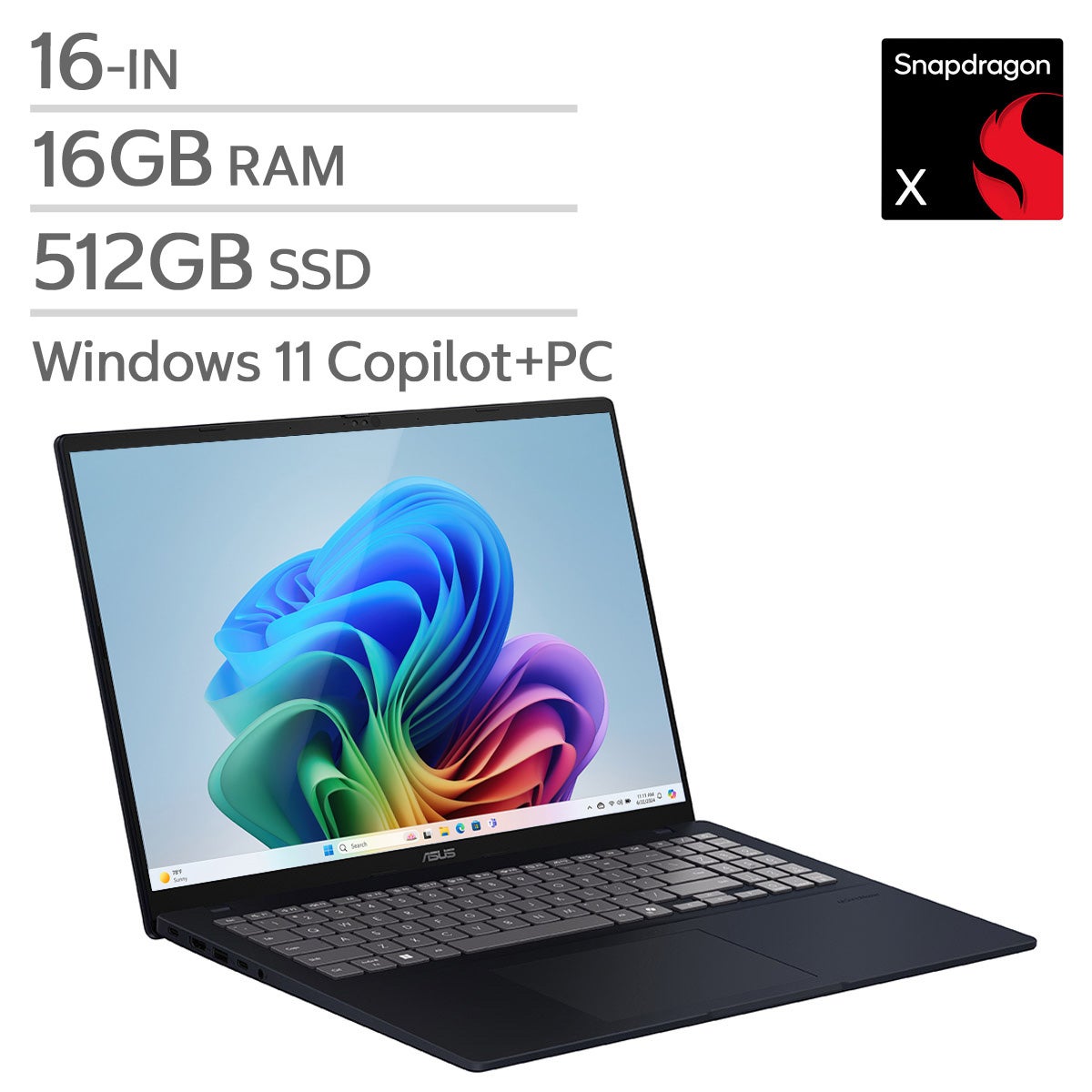 ASUS Vivobook 16 Copilot+ PC 16-in Laptop, Qualcomm Snapdragon X X1-26-100 – 16GB RAM, 512GB SSD, Qualcomm Adreno