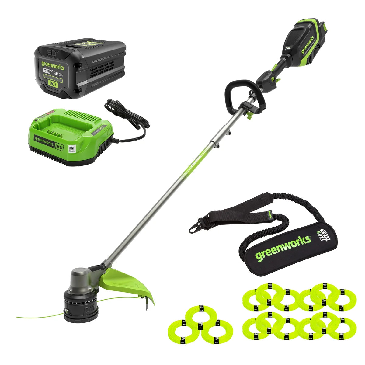 Greenworks 80V Brushless Trimmer with 17”Cutting Swath, 2.0Ah Battery, Rapid Charger, Exo-Flex Shoulder Strap, (2) 0.105''+ (13) 0.095'' lines included Included